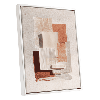 Terracotta Tactility, beige, white, orange abstract wall art shown as a white framed canvas wall art