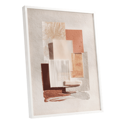 Terracotta Tactility, beige, white, orange abstract wall art shown as a white framed poster wall art print