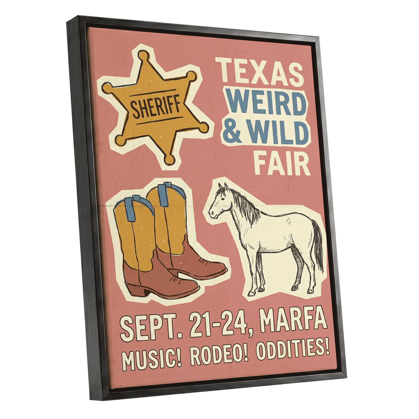 Texas Weird & Wild Fair, pink, beige, gold minimalist wall art shown as a black framed canvas wall art