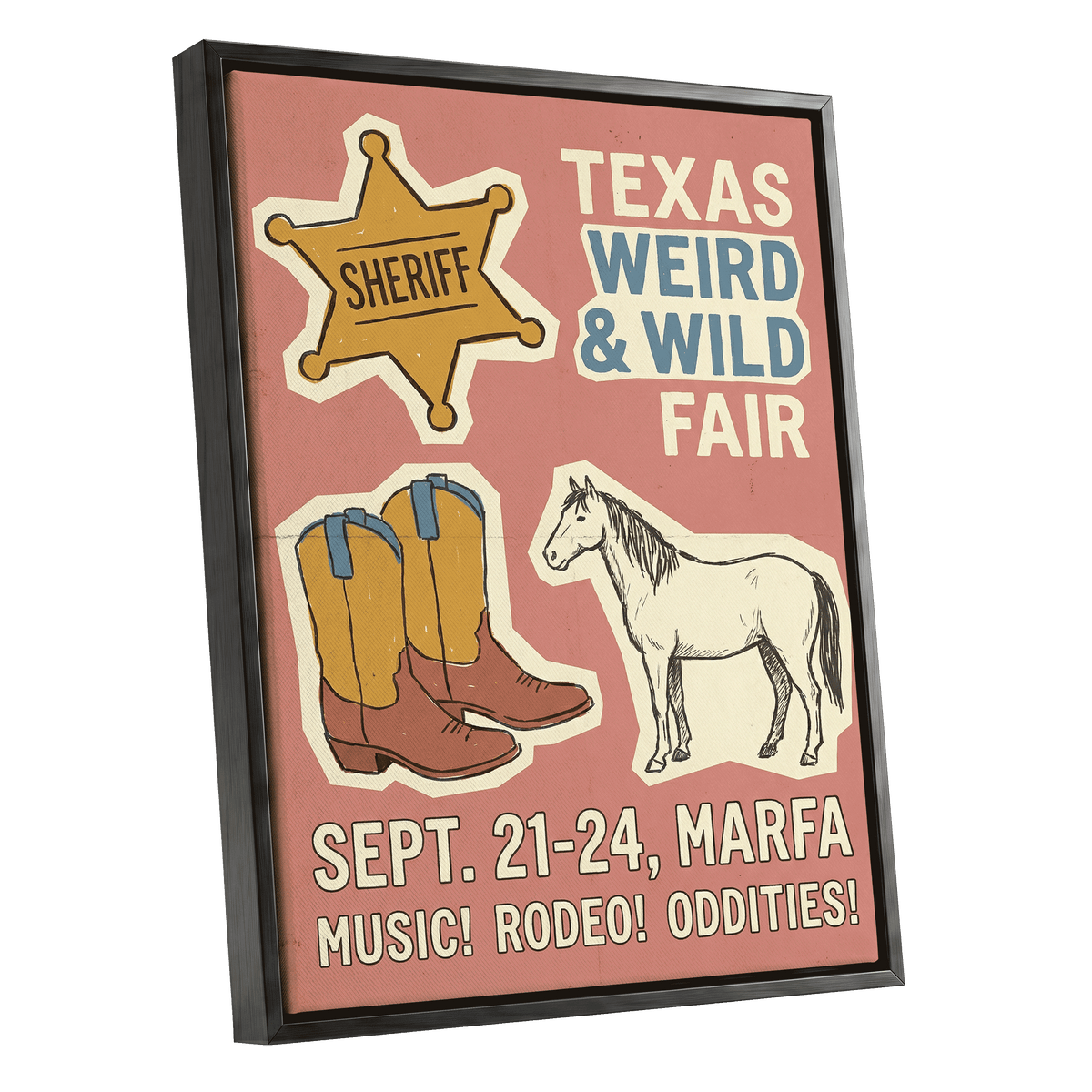 Texas Weird & Wild Fair, pink, beige, gold minimalist wall art shown as a black framed canvas wall art