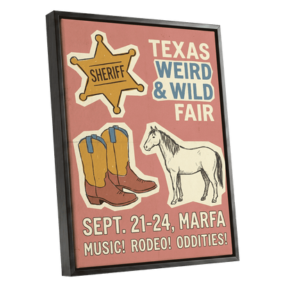 Texas Weird & Wild Fair, pink, beige, gold minimalist wall art shown as a black framed canvas wall art