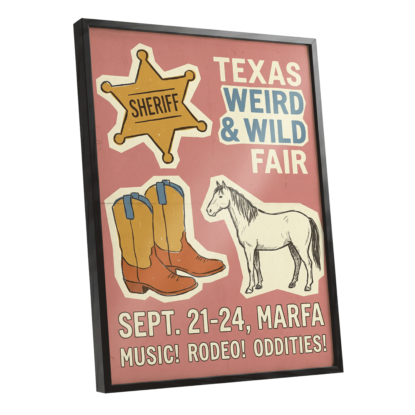 Texas Weird & Wild Fair, pink, beige, gold minimalist wall art shown as a black framed poster wall art print