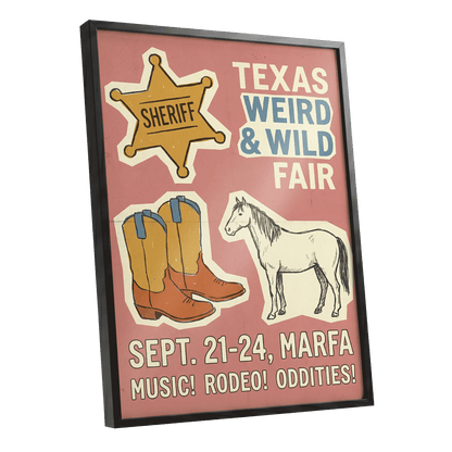 Texas Weird & Wild Fair, pink, beige, gold minimalist wall art shown as a black framed poster wall art print