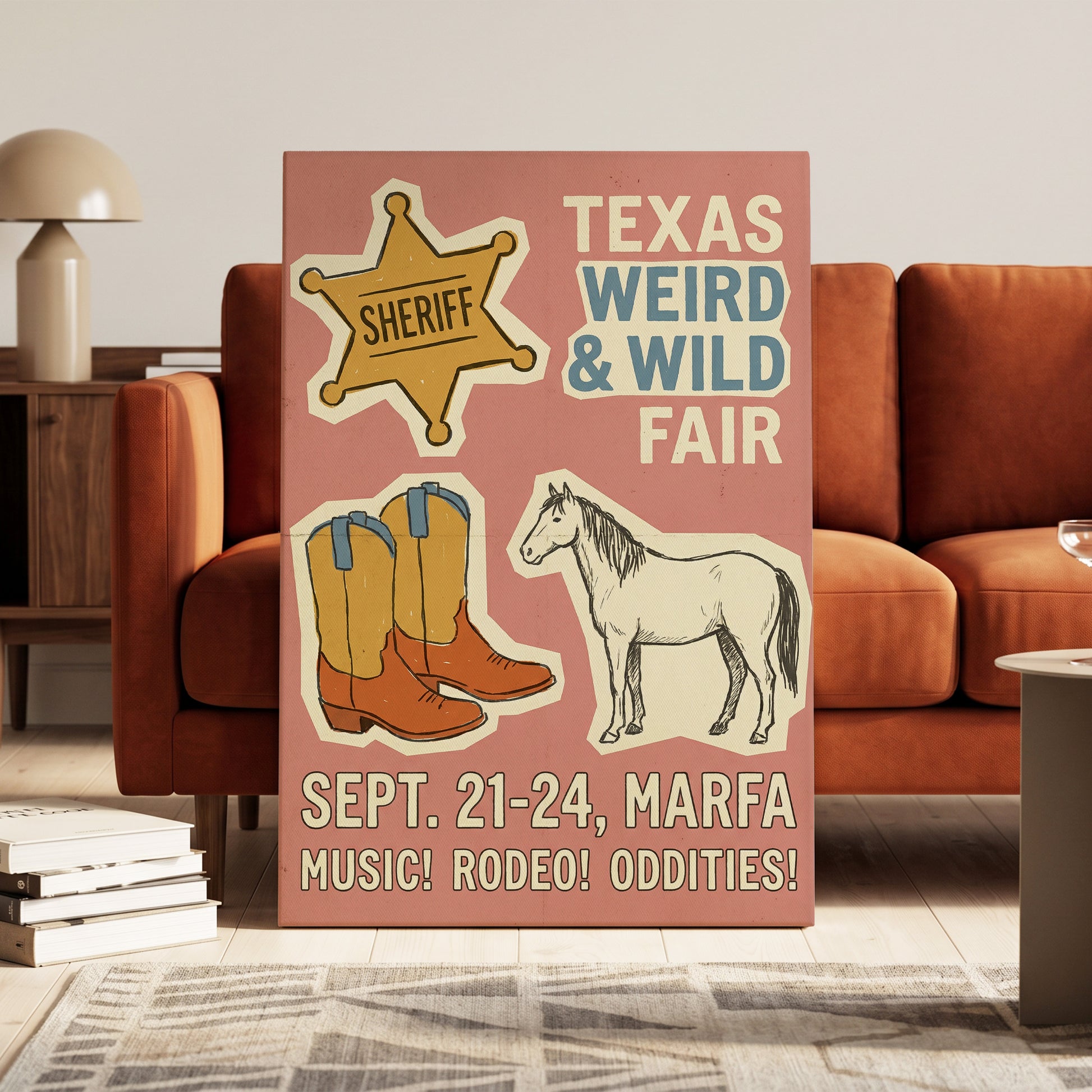 Texas Weird & Wild Fair, pink, beige, gold minimalist wall art on canvas displayed in a styled interior, gallery view 1