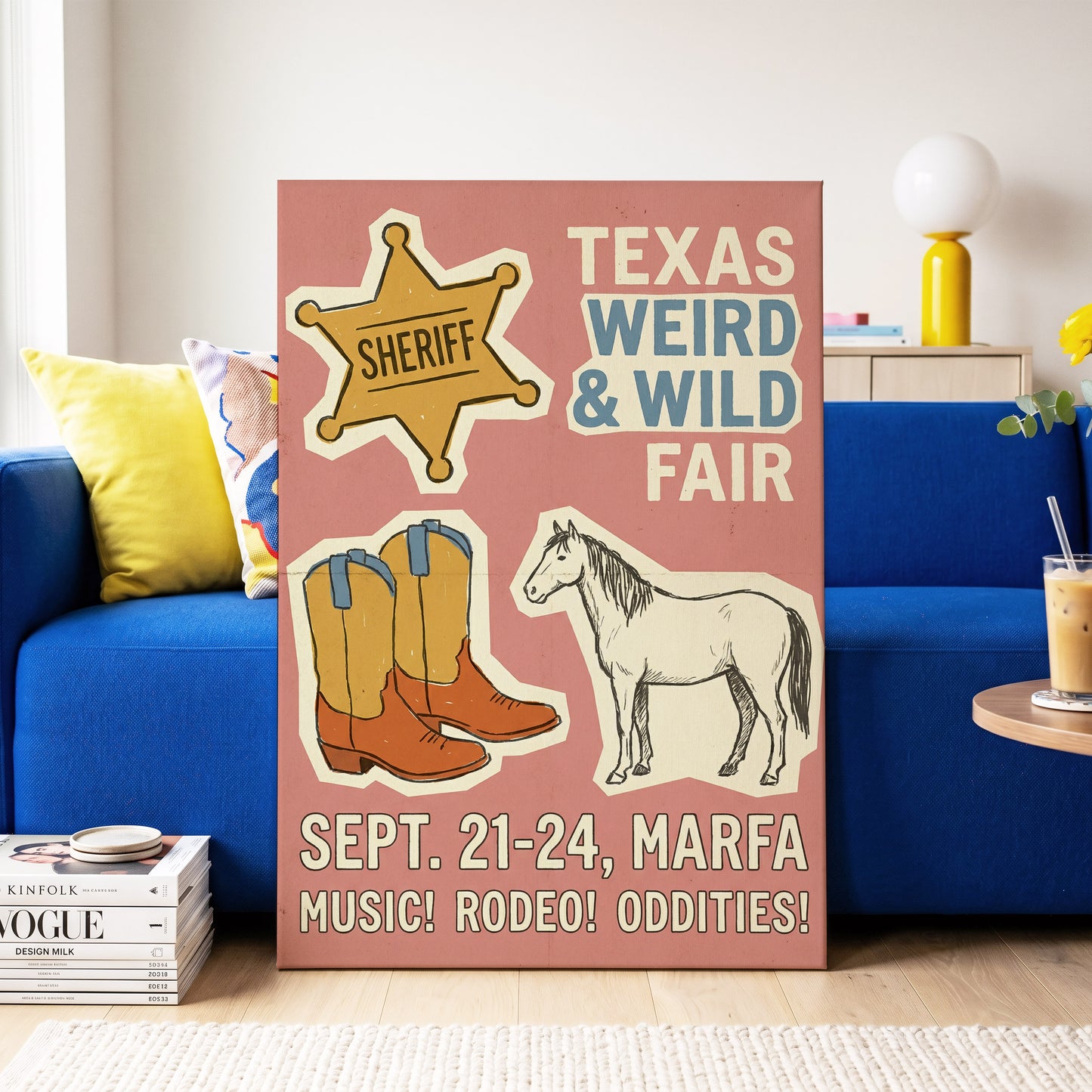 Texas Weird & Wild Fair, pink, beige, gold minimalist wall art on canvas displayed in a styled interior, gallery view 2
