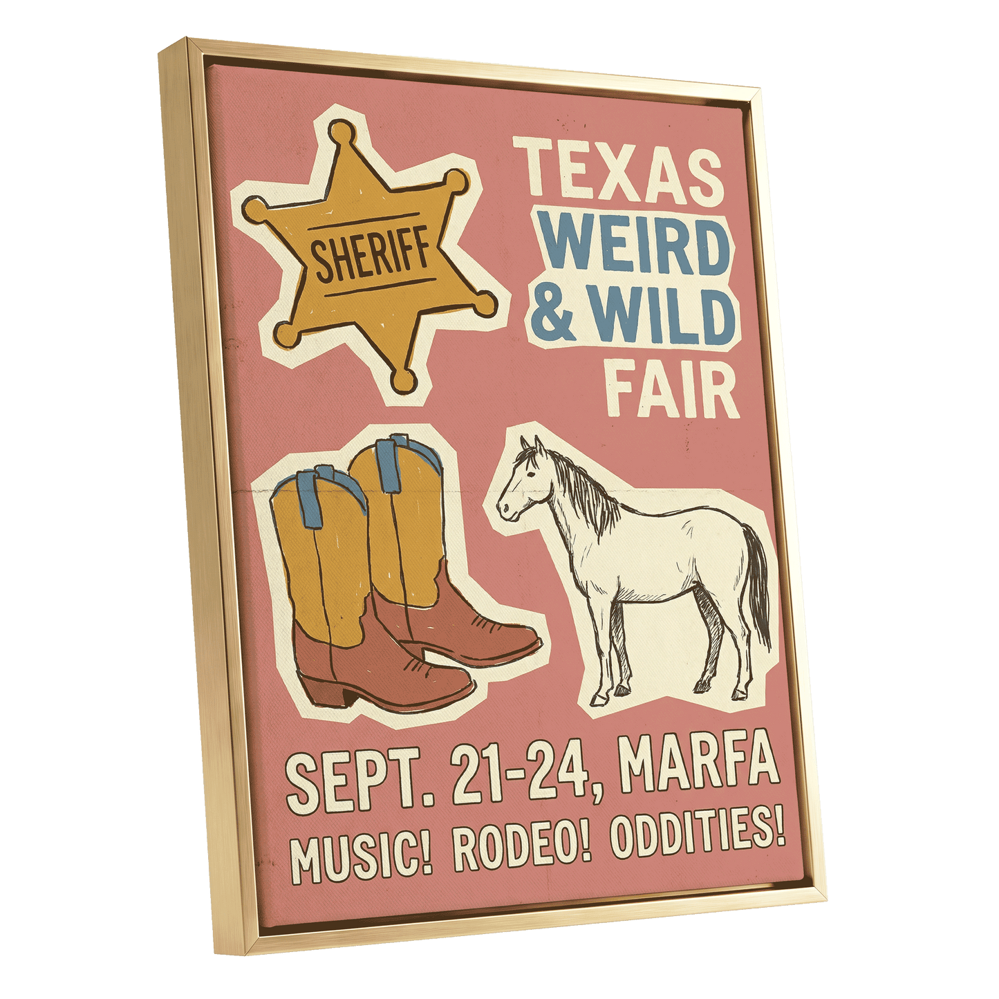 Texas Weird & Wild Fair, pink, beige, gold minimalist wall art shown as a gold framed canvas wall art