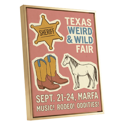 Texas Weird & Wild Fair, pink, beige, gold minimalist wall art shown as a gold framed canvas wall art
