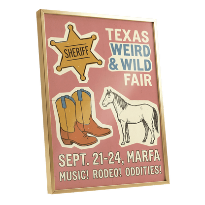 Texas Weird & Wild Fair, pink, beige, gold minimalist wall art shown as a gold framed poster wall art print