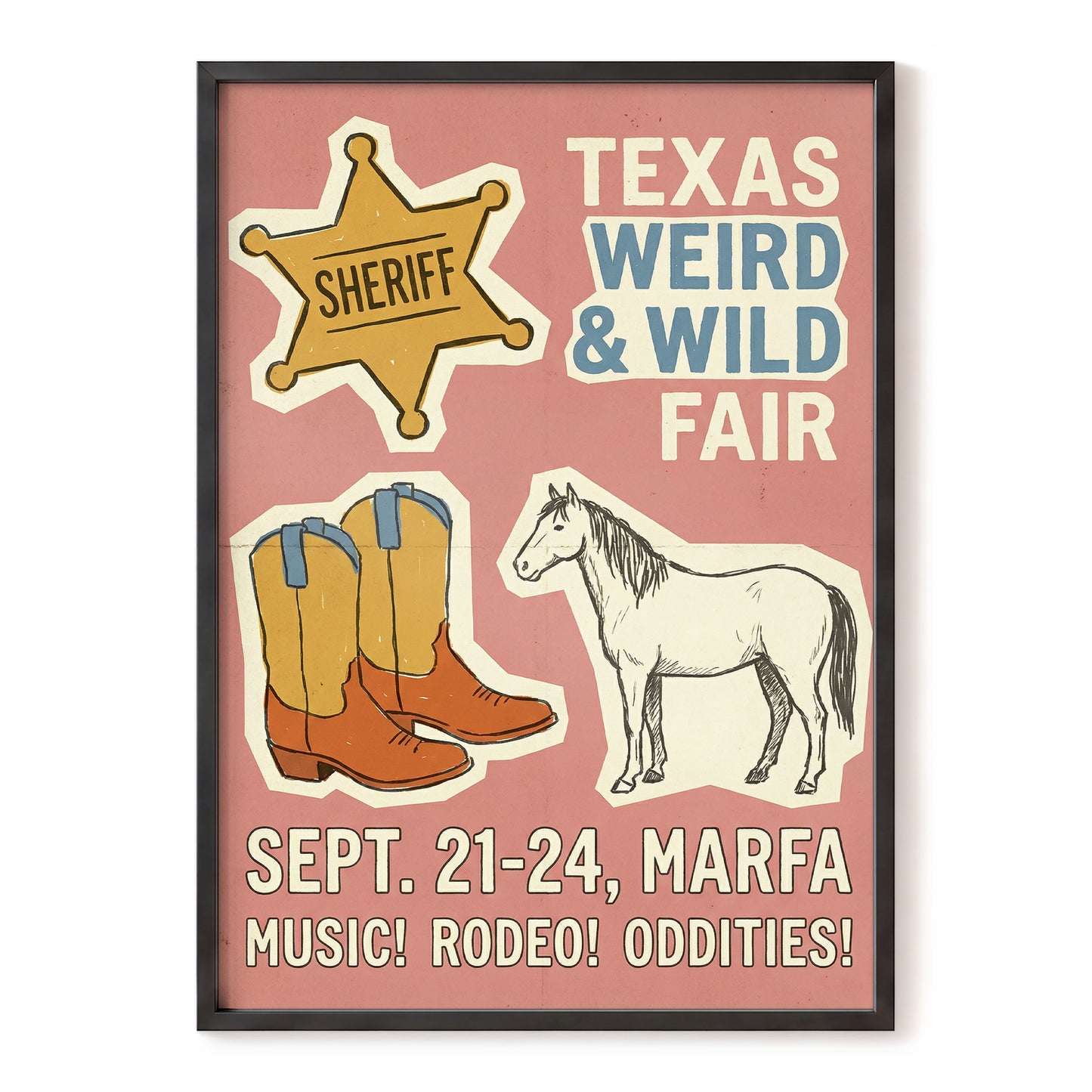 Texas Weird & Wild Fair, pink, beige, gold minimalist wall art, front artwork view