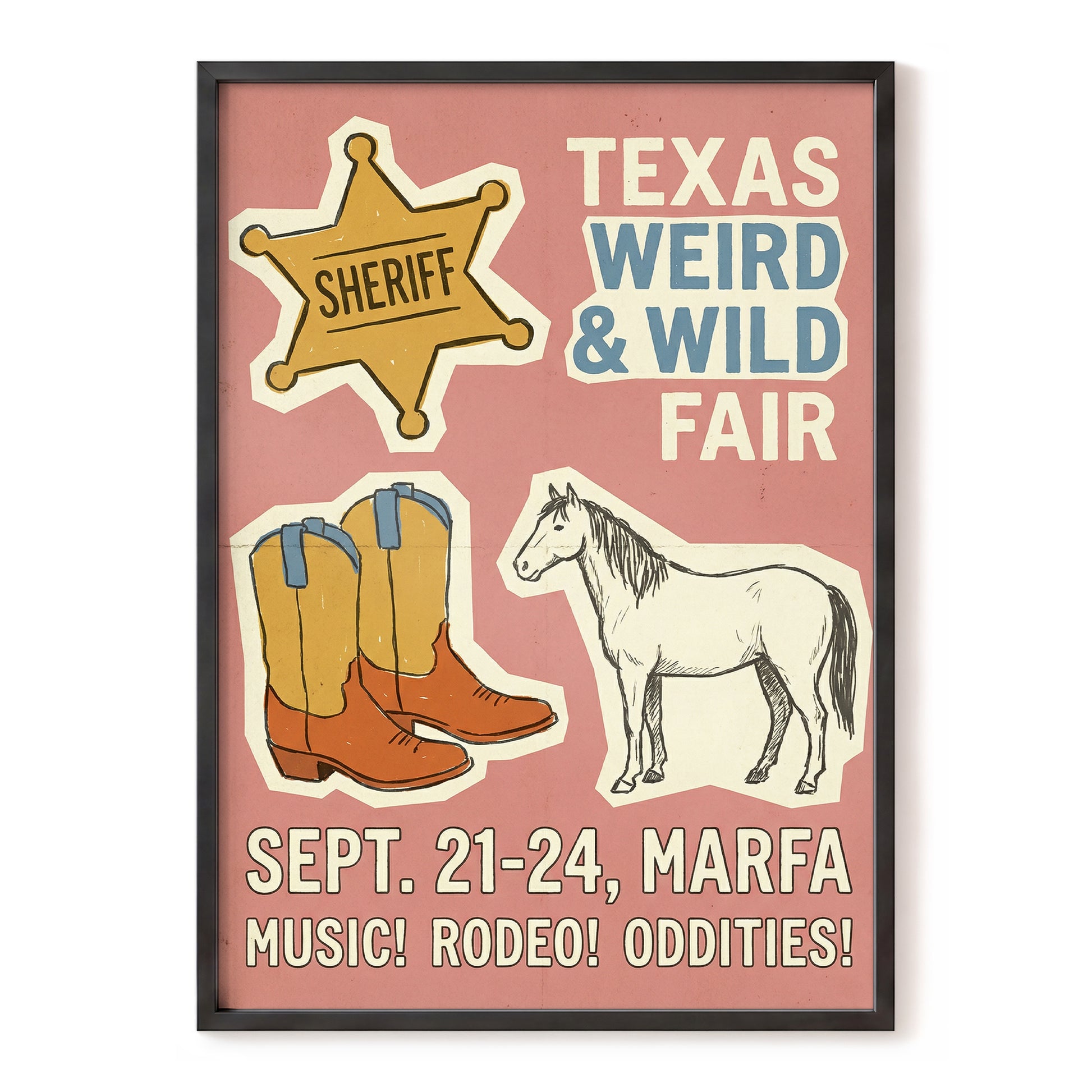 Texas Weird & Wild Fair, pink, beige, gold minimalist wall art, front artwork view