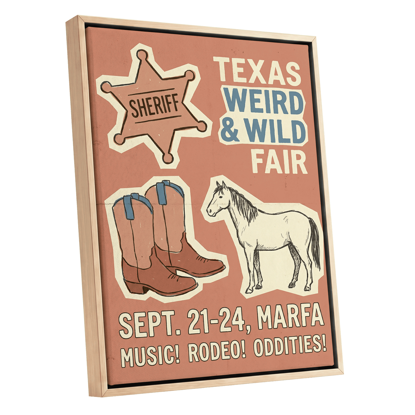 Texas Weird & Wild Fair, pink, beige, gold minimalist wall art shown as a oak framed canvas wall art