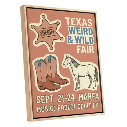 Texas Weird & Wild Fair, pink, beige, gold minimalist wall art shown as a oak framed canvas wall art