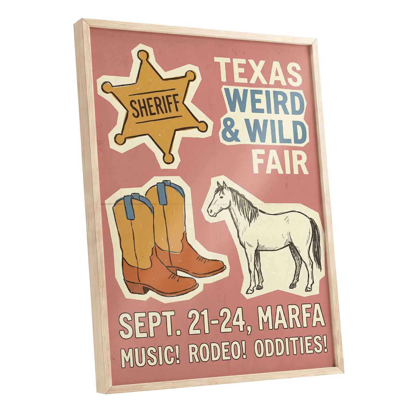 Texas Weird & Wild Fair, pink, beige, gold minimalist wall art shown as a oak framed poster wall art print
