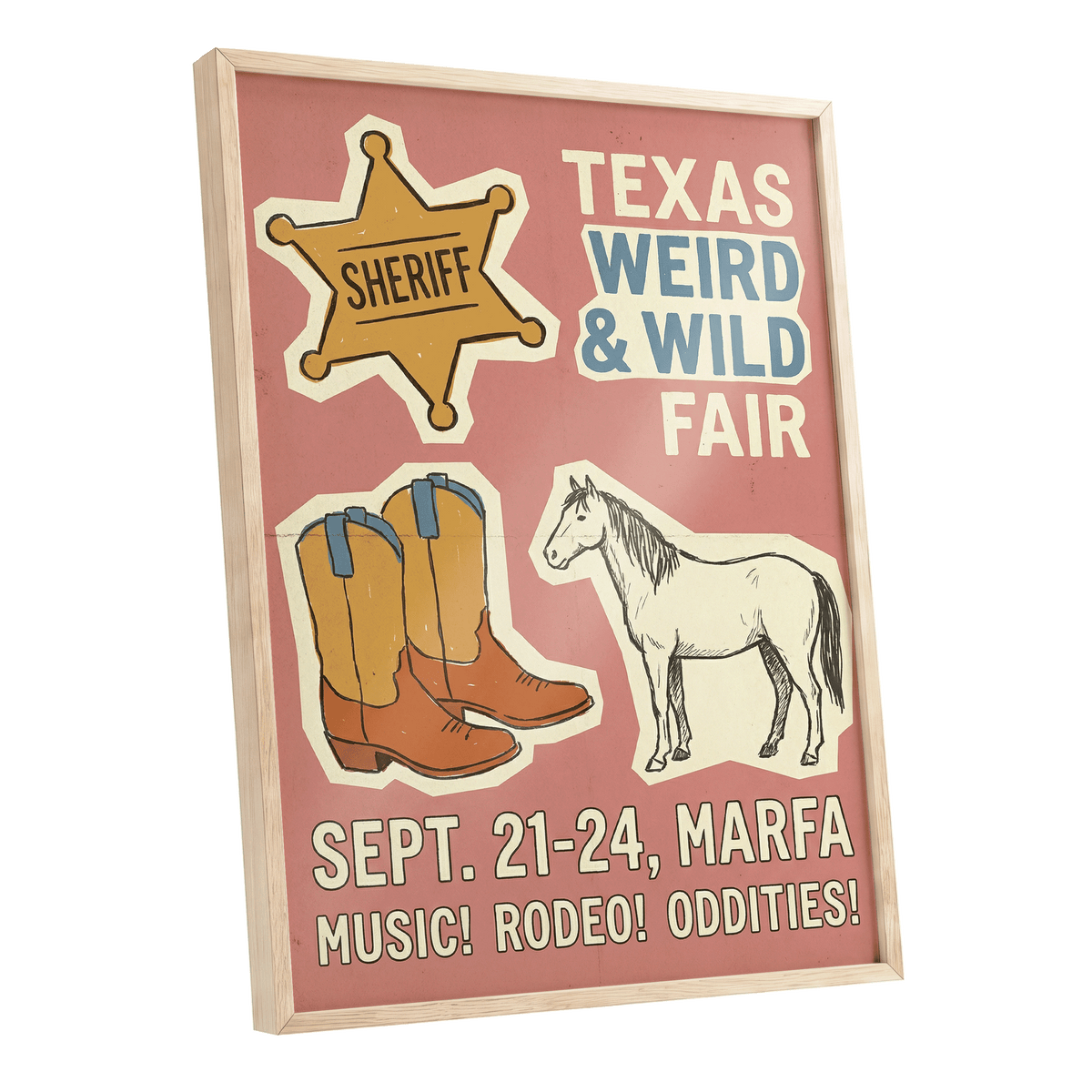 Texas Weird & Wild Fair, pink, beige, gold minimalist wall art shown as a oak framed poster wall art print