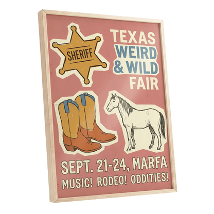 Texas Weird & Wild Fair, pink, beige, gold minimalist wall art shown as a oak framed poster wall art print