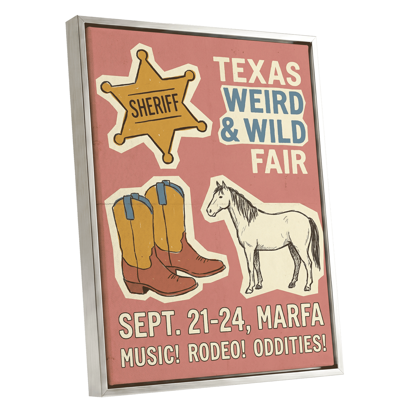 Texas Weird & Wild Fair, pink, beige, gold minimalist wall art shown as a silver framed canvas wall art