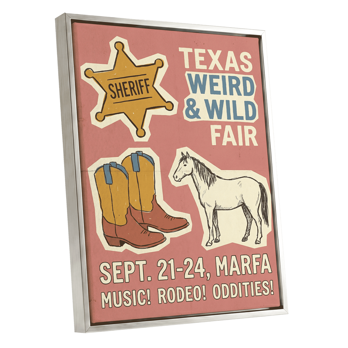 Texas Weird & Wild Fair, pink, beige, gold minimalist wall art shown as a silver framed canvas wall art