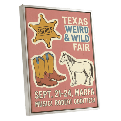 Texas Weird & Wild Fair, pink, beige, gold minimalist wall art shown as a silver framed canvas wall art