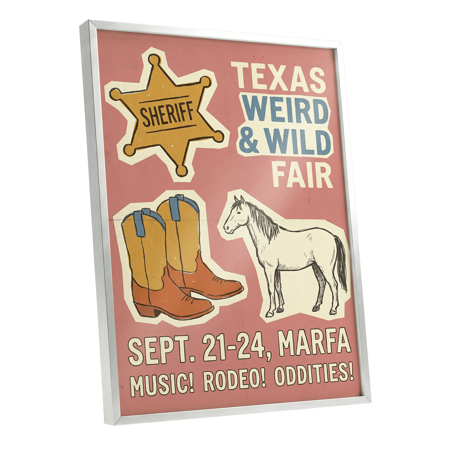 Texas Weird & Wild Fair, pink, beige, gold minimalist wall art shown as a silver framed poster wall art print
