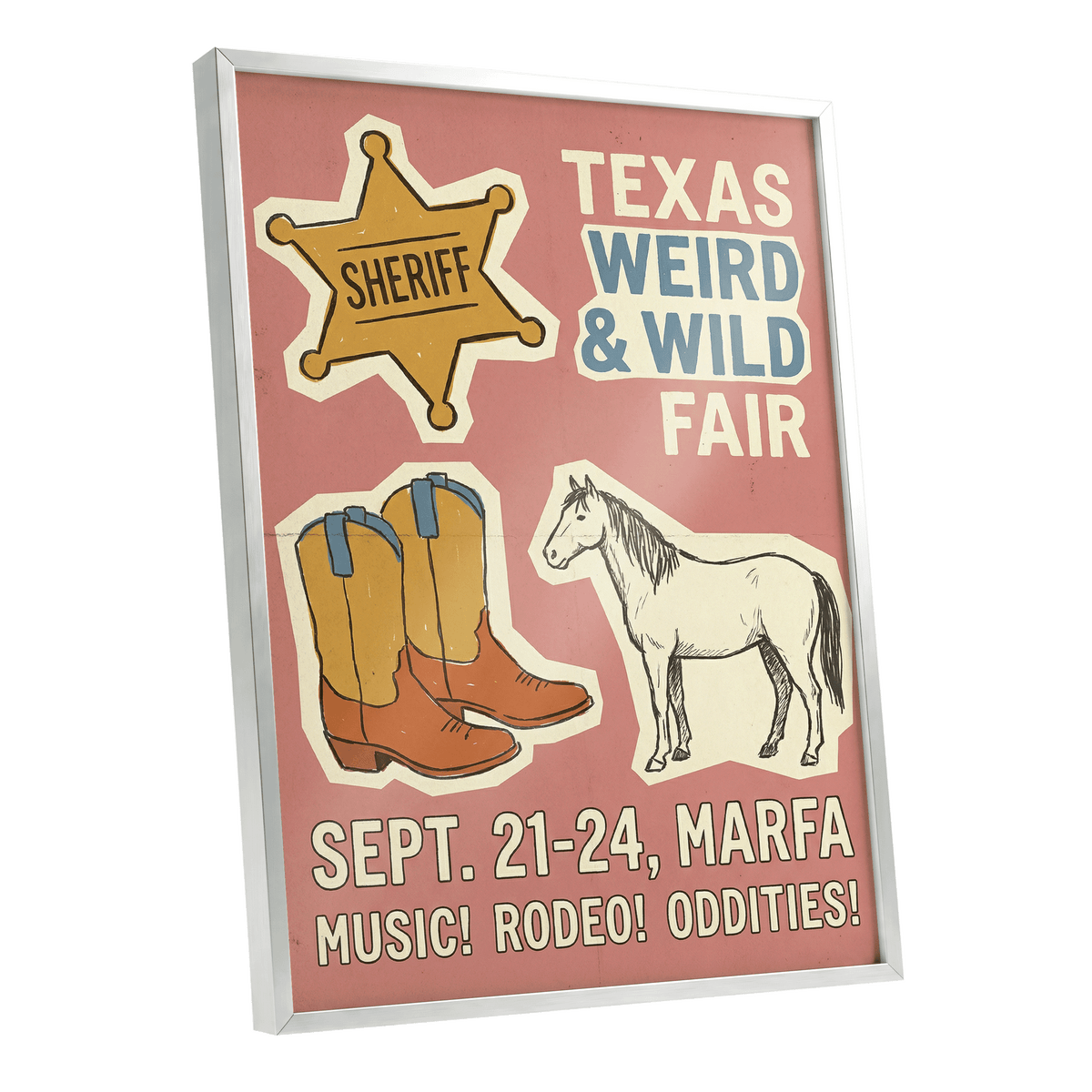 Texas Weird & Wild Fair, pink, beige, gold minimalist wall art shown as a silver framed poster wall art print