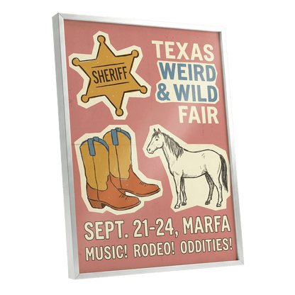 Texas Weird & Wild Fair, pink, beige, gold minimalist wall art shown as a silver framed poster wall art print