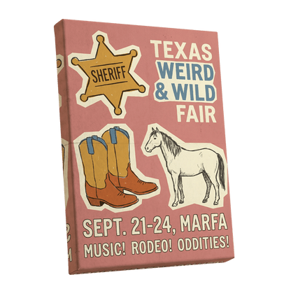 Texas Weird & Wild Fair, pink, beige, gold minimalist wall art shown as a stretched canvas wall art