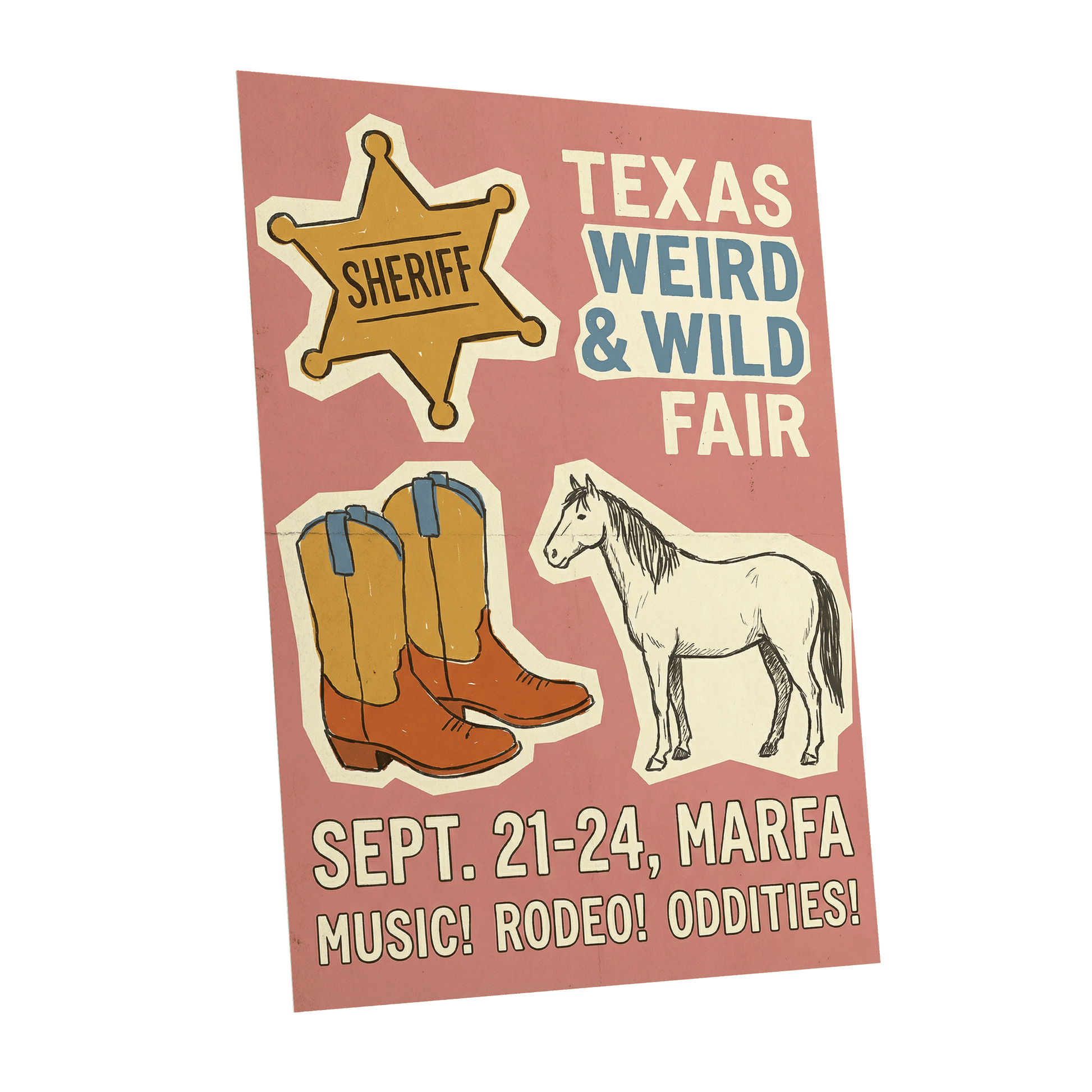 Texas Weird & Wild Fair, pink, beige, gold minimalist wall art shown as a unframed poster wall art print