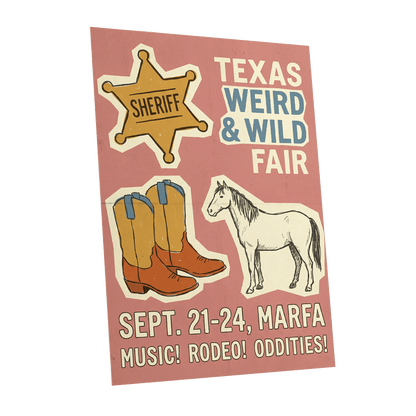 Texas Weird & Wild Fair, pink, beige, gold minimalist wall art shown as a unframed poster wall art print