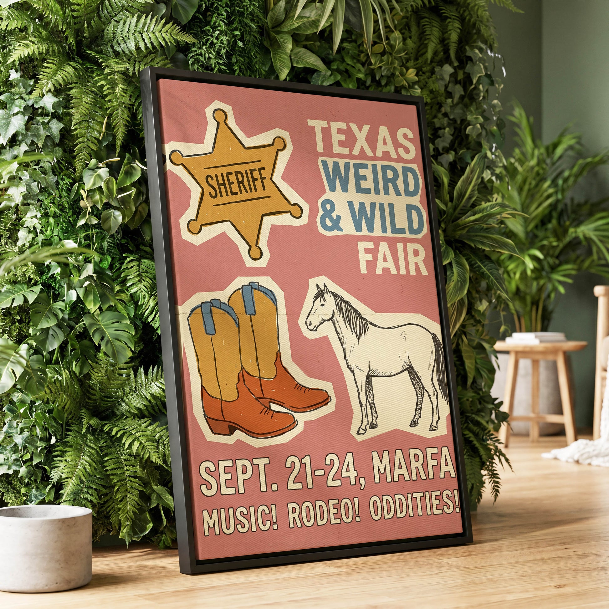 Texas Weird & Wild Fair, pink, beige, gold minimalist wall art displayed in a styled interior, gallery view 1