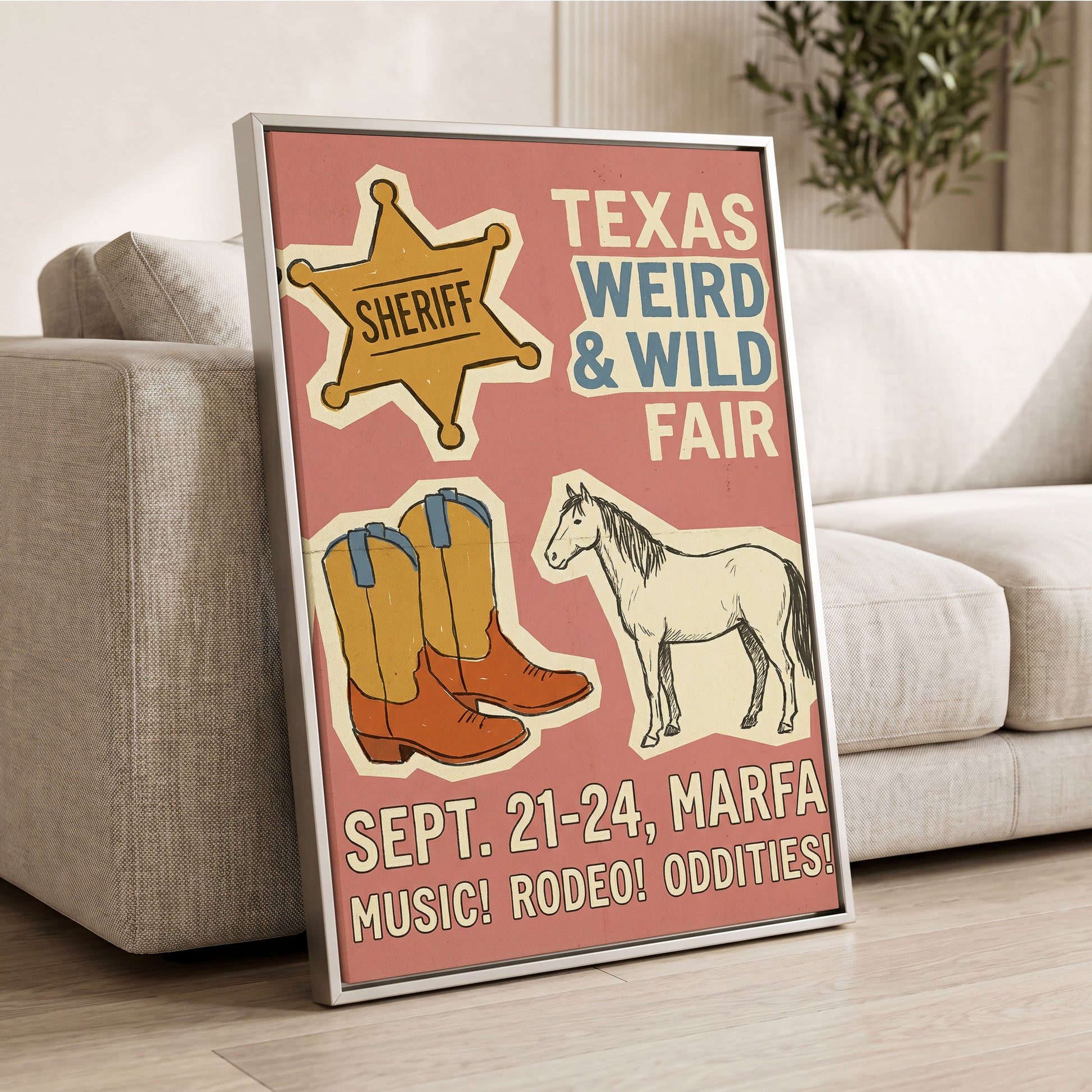Texas Weird & Wild Fair, pink, beige, gold minimalist wall art displayed in a styled interior, gallery view 2