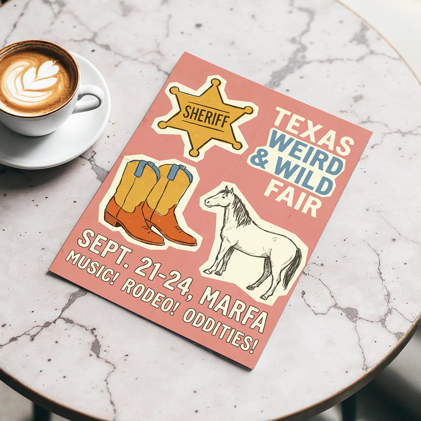 Texas Weird & Wild Fair, pink, beige, gold minimalist wall art displayed in a styled interior, gallery view 3