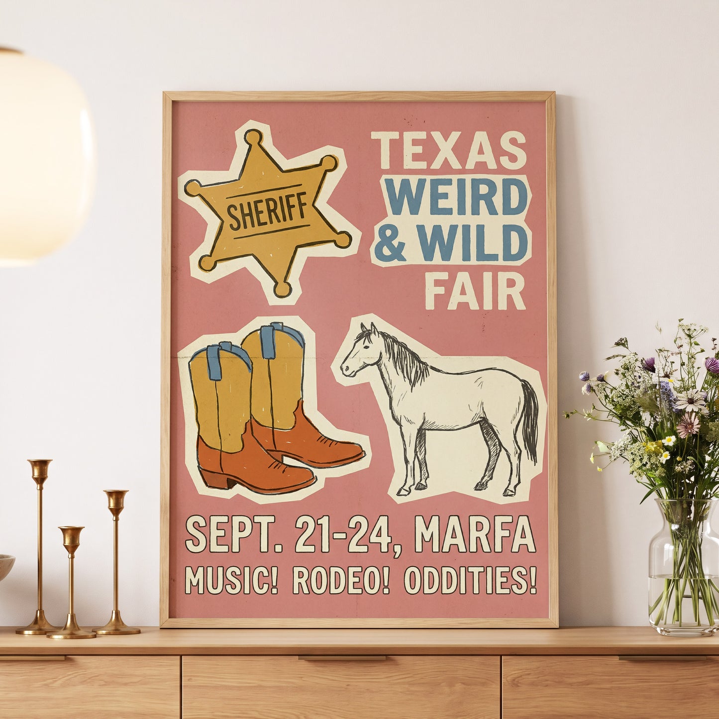 Texas Weird & Wild Fair, pink, beige, gold minimalist wall art displayed in a styled interior, gallery view 4
