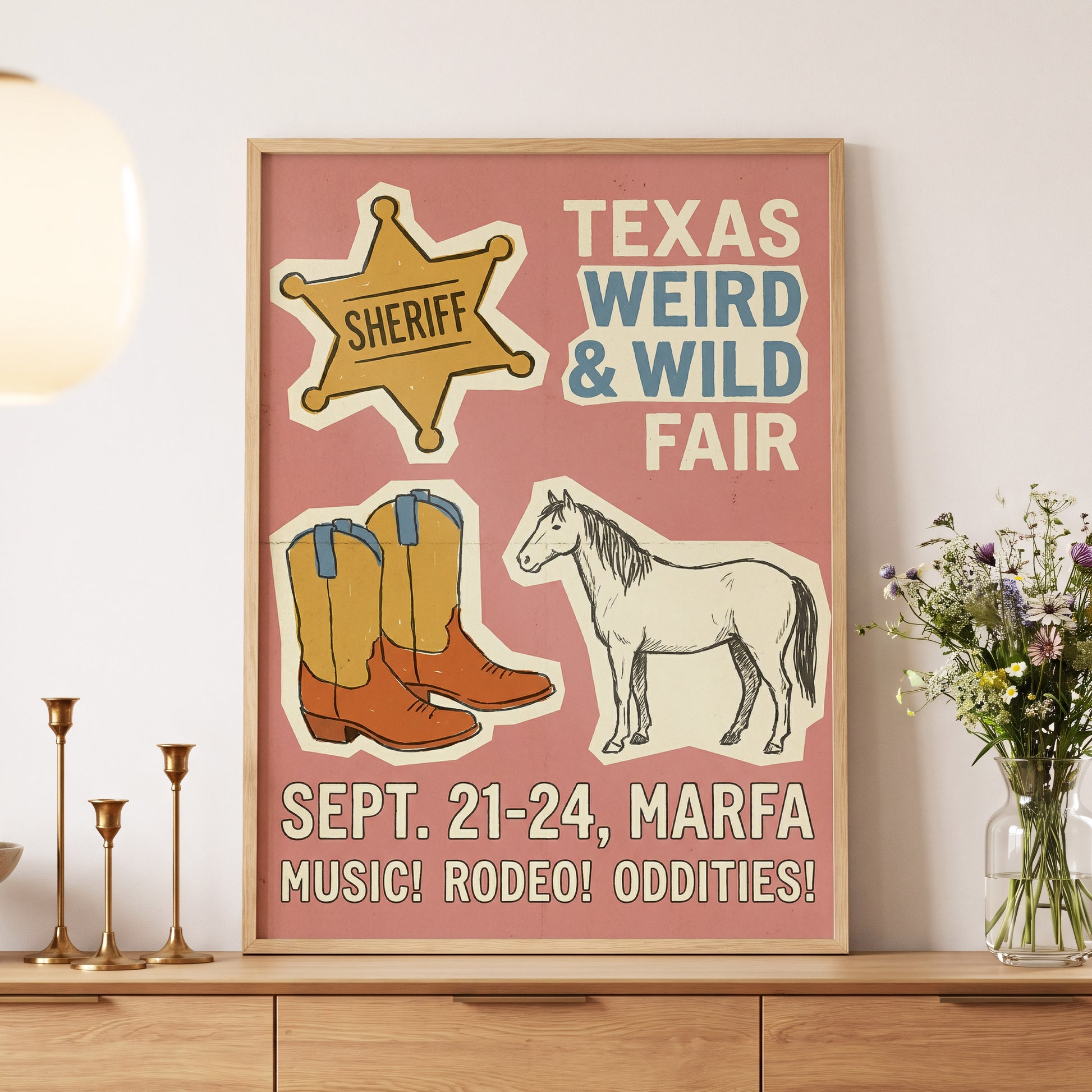 Texas Weird & Wild Fair, pink, beige, gold minimalist wall art displayed in a styled interior, gallery view 4