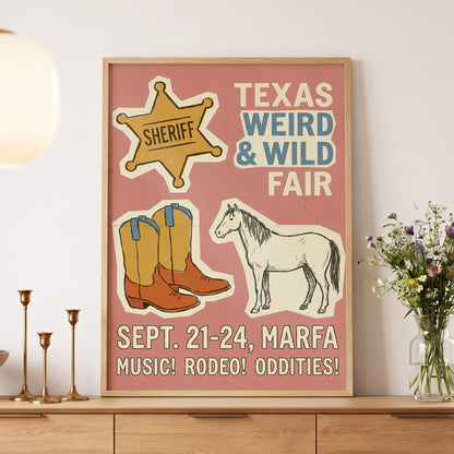 Texas Weird & Wild Fair, pink, beige, gold minimalist wall art displayed in a styled interior, gallery view 4