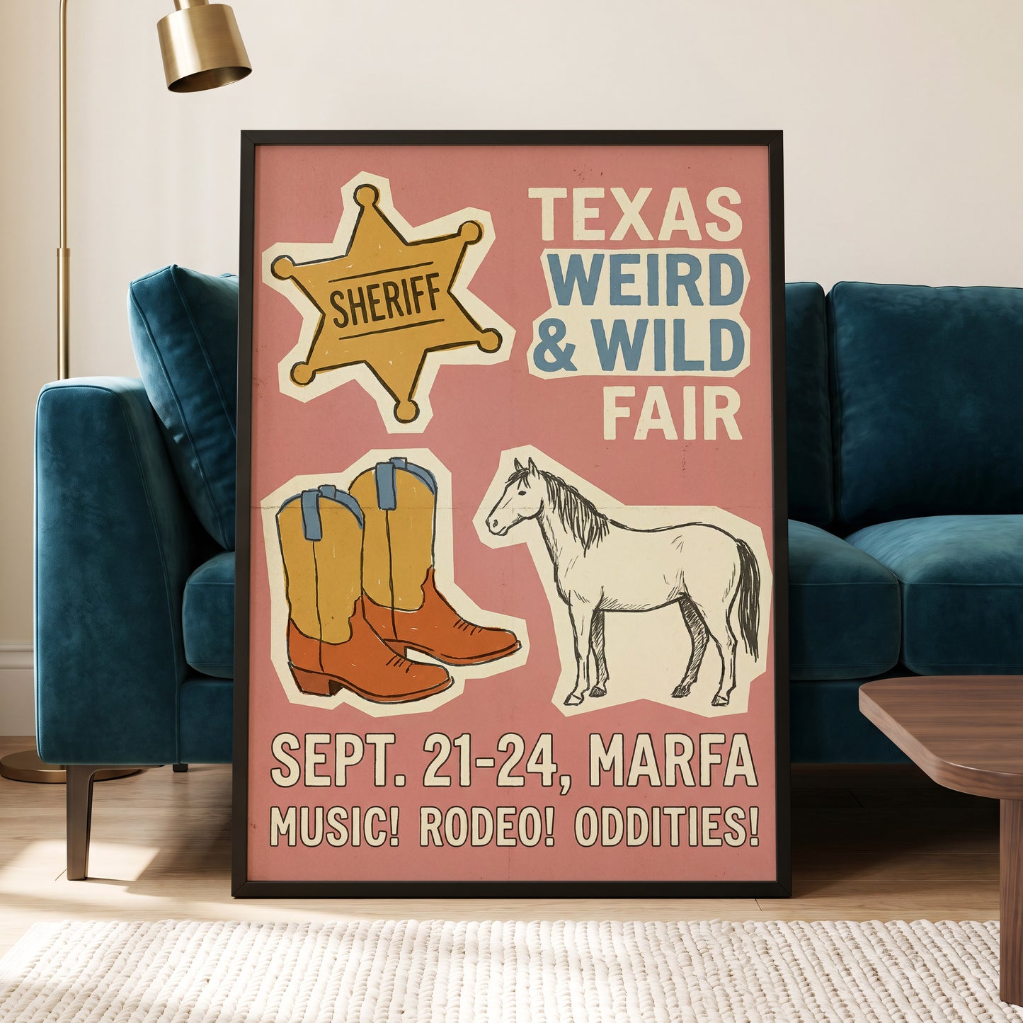 Texas Weird & Wild Fair, pink, beige, gold minimalist wall art displayed in a styled interior, gallery view 5