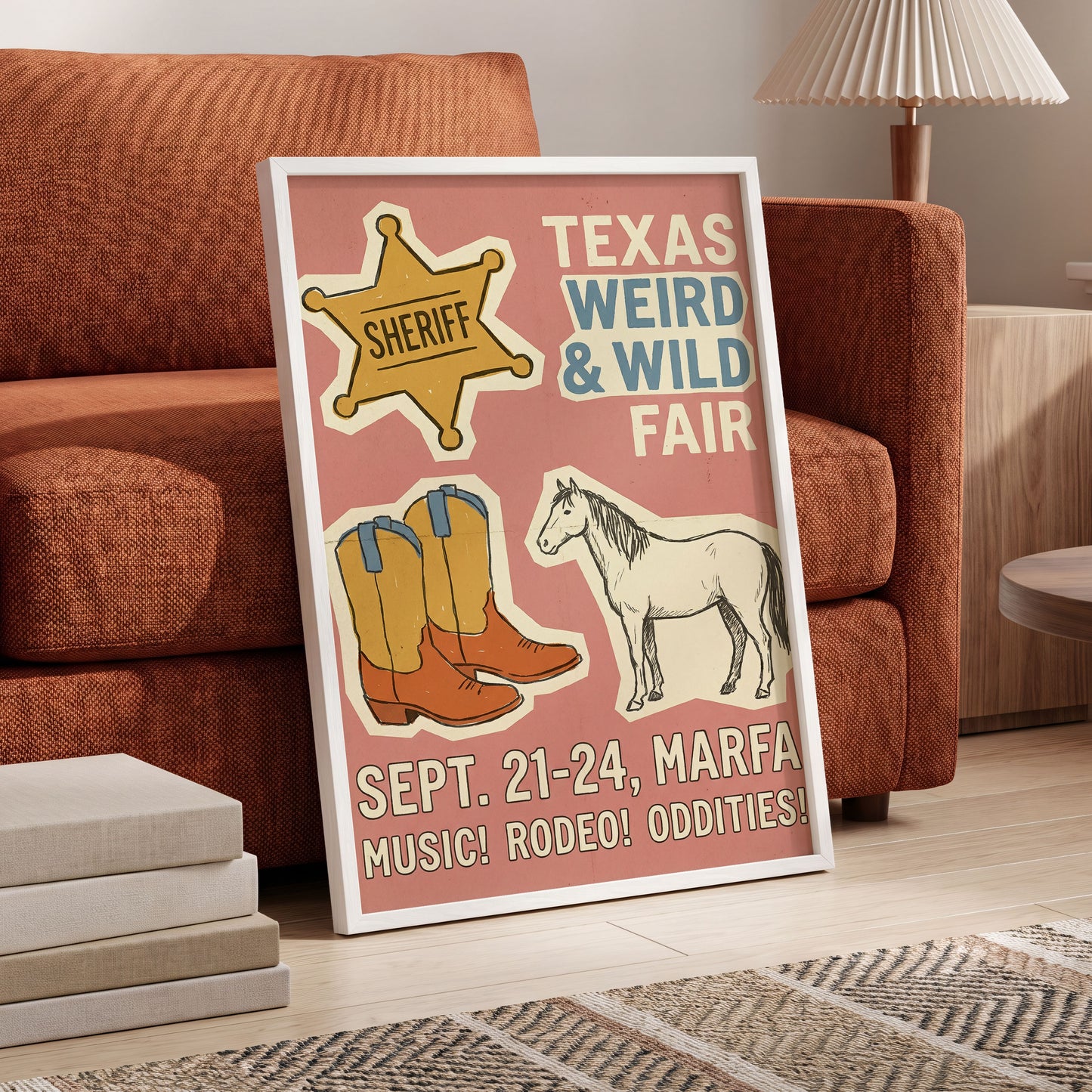 Texas Weird & Wild Fair, pink, beige, gold minimalist wall art displayed in a styled interior, gallery view 6