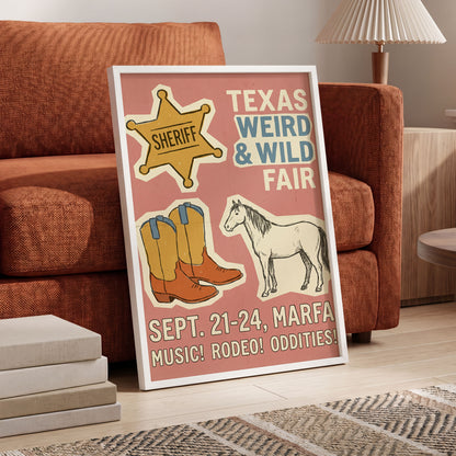 Texas Weird & Wild Fair, pink, beige, gold minimalist wall art displayed in a styled interior, gallery view 6