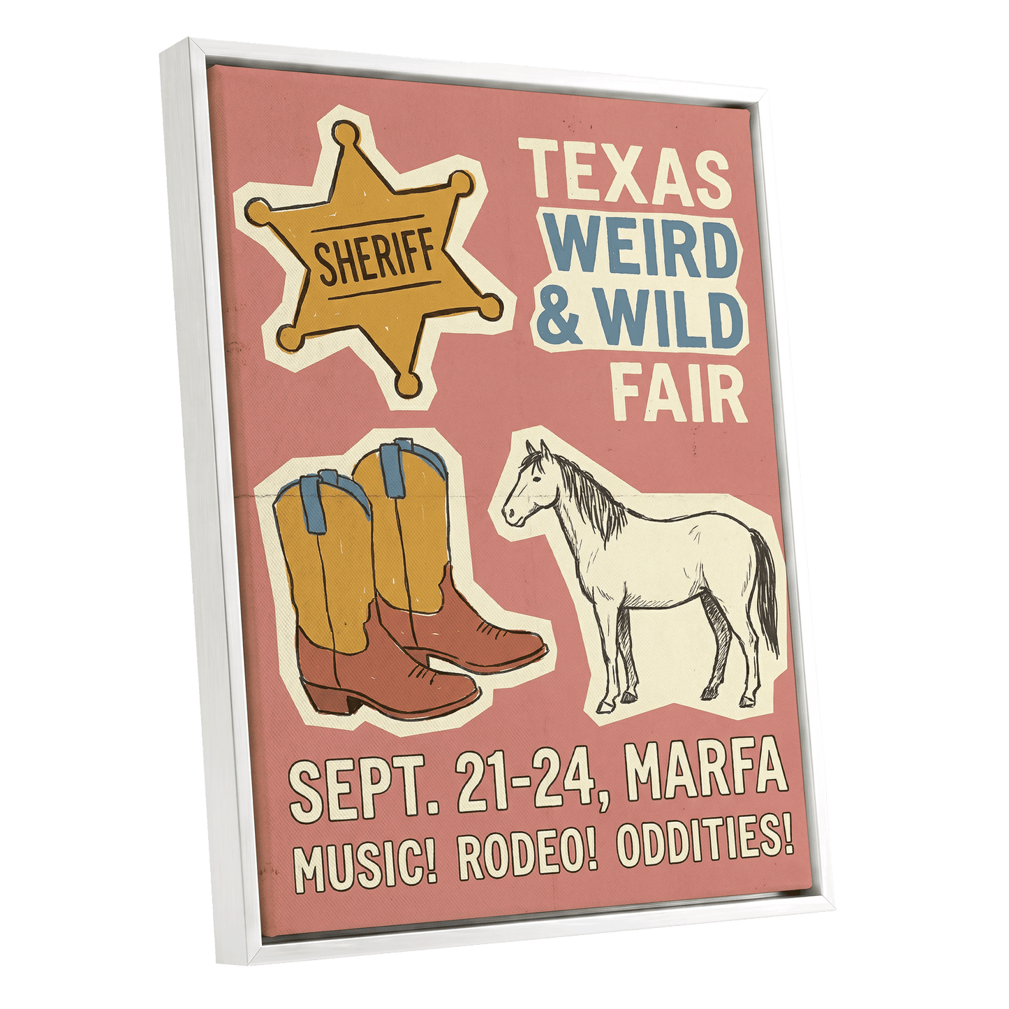 Texas Weird & Wild Fair, pink, beige, gold minimalist wall art shown as a white framed canvas wall art