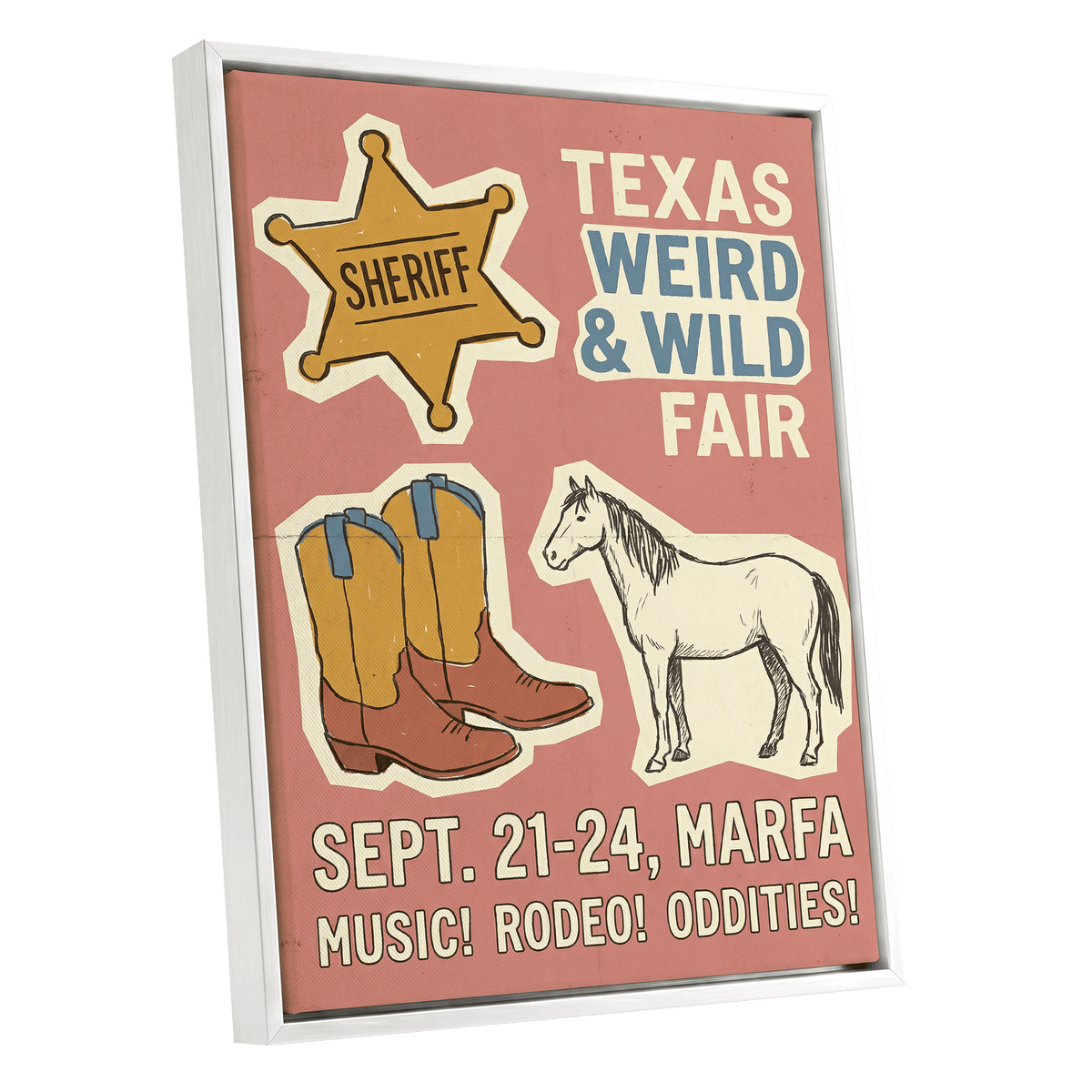 Texas Weird & Wild Fair, pink, beige, gold minimalist wall art shown as a white framed canvas wall art