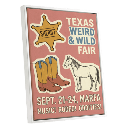 Texas Weird & Wild Fair, pink, beige, gold minimalist wall art shown as a white framed canvas wall art