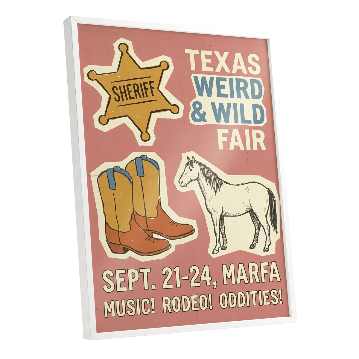 Texas Weird & Wild Fair, pink, beige, gold minimalist wall art shown as a white framed poster wall art print