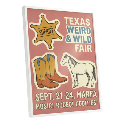 Texas Weird & Wild Fair, pink, beige, gold minimalist wall art shown as a white framed poster wall art print