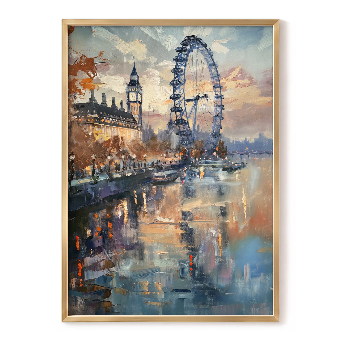 Thames Afterglow, blue, beige, brown abstract wall art, front artwork view