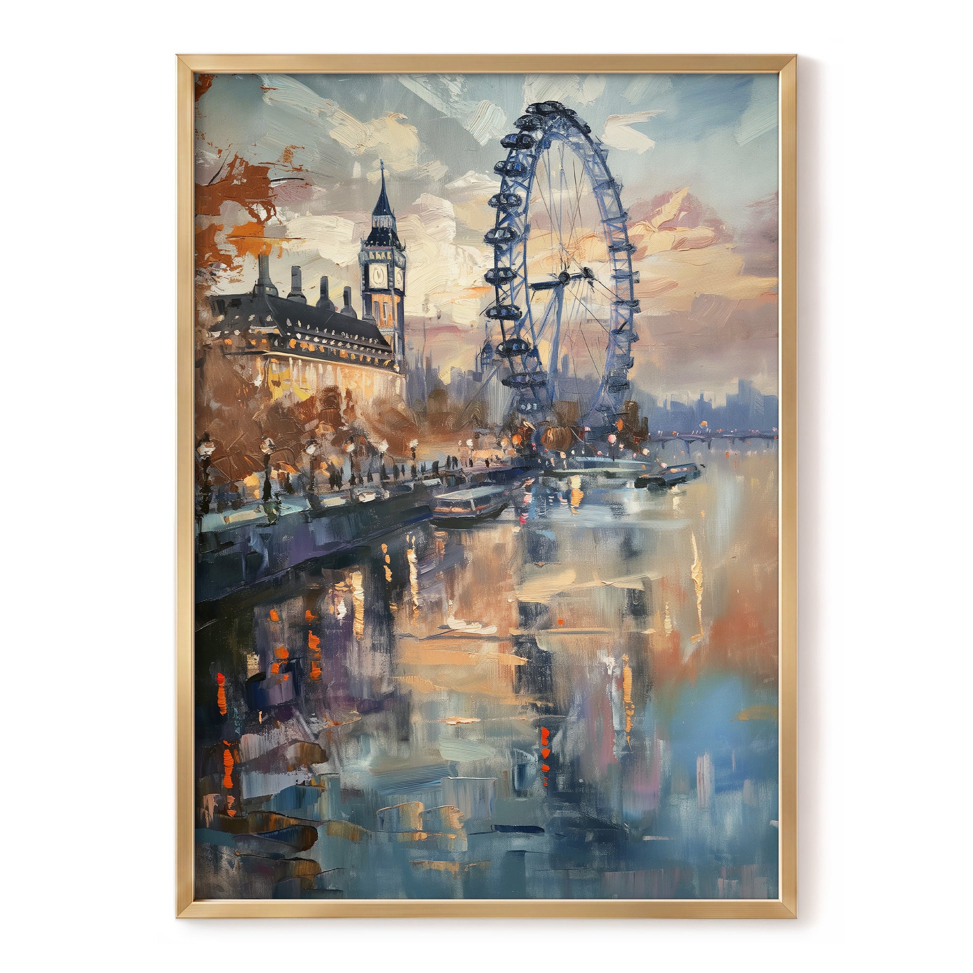 Thames Afterglow, blue, beige, brown abstract wall art, front artwork view