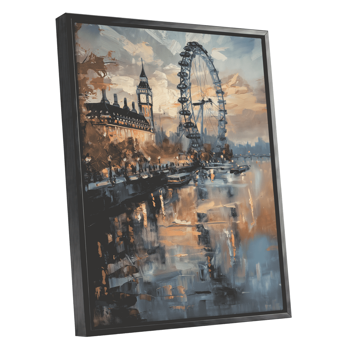 Thames Afterglow, blue, beige, brown abstract wall art shown as a black framed canvas wall art