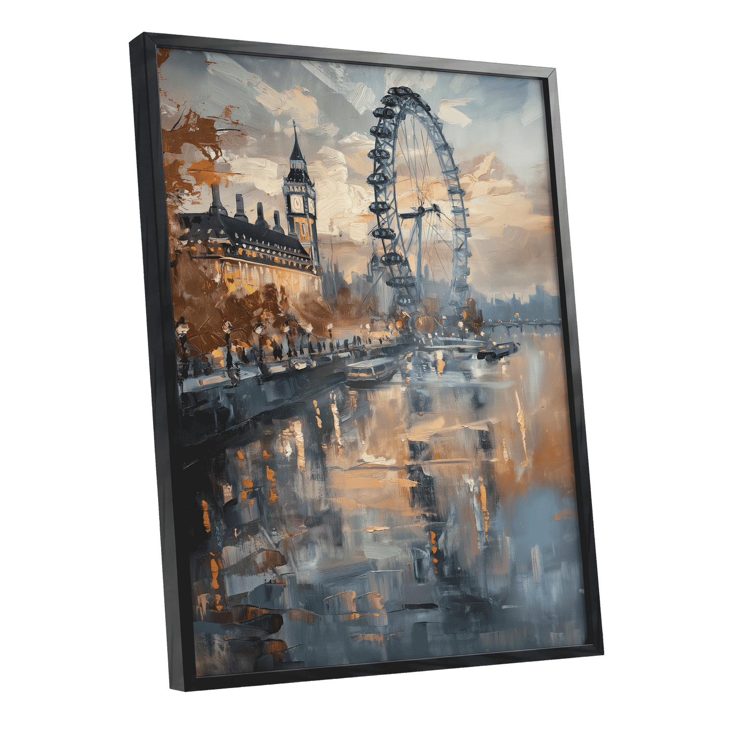 Thames Afterglow, blue, beige, brown abstract wall art shown as a black framed poster wall art print