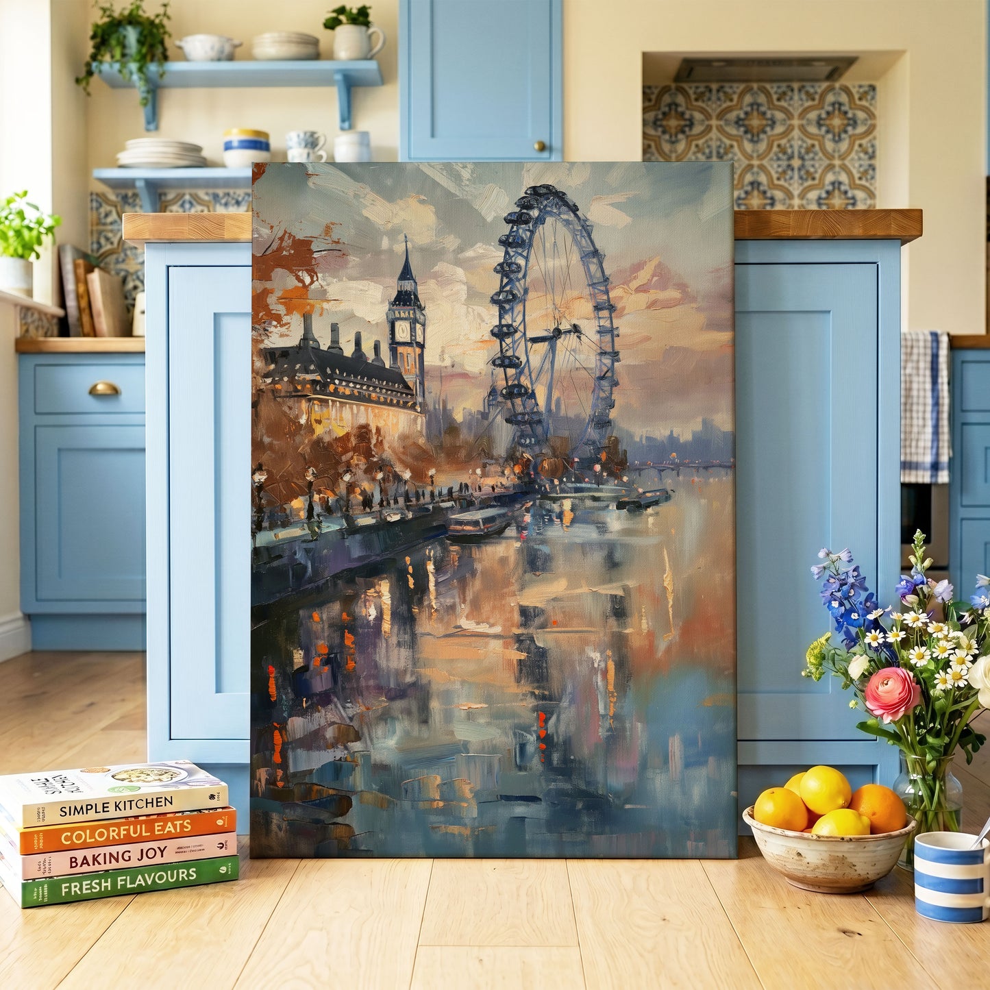 Thames Afterglow, blue, beige, brown abstract wall art on canvas displayed in a styled interior, gallery view 1