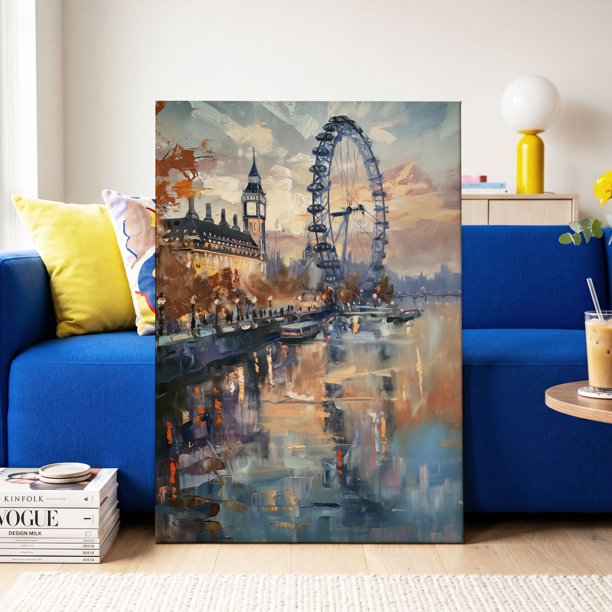 Thames Afterglow, blue, beige, brown abstract wall art on canvas displayed in a styled interior, gallery view 2