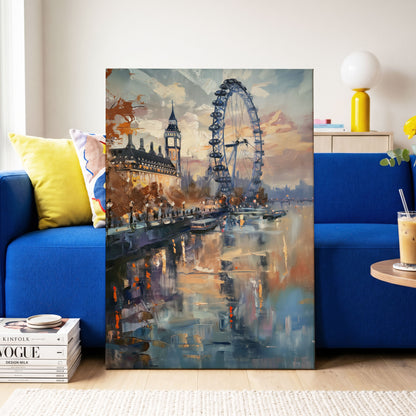 Thames Afterglow, blue, beige, brown abstract wall art on canvas displayed in a styled interior, gallery view 2