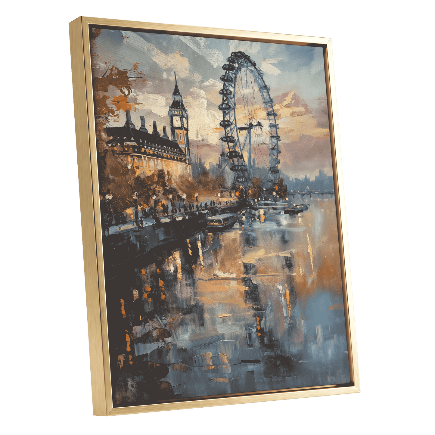 Thames Afterglow, blue, beige, brown abstract wall art shown as a gold framed canvas wall art